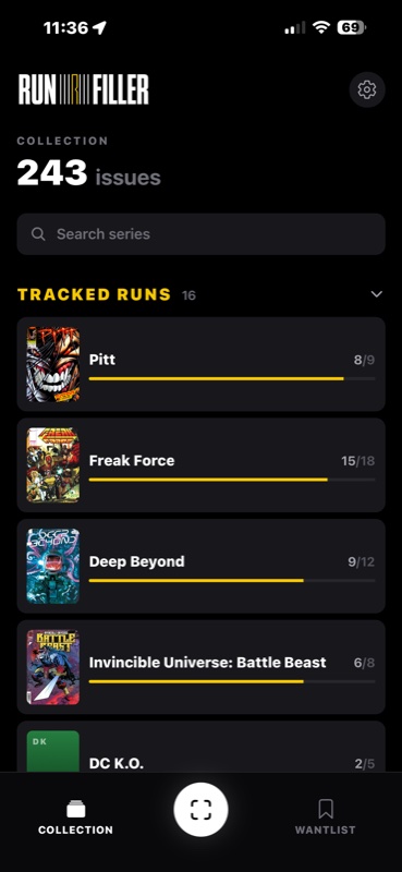 Collection screen showing tracked comic runs with progress bars