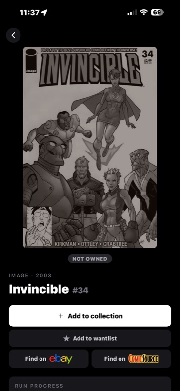 Cover detail page with buy options for eBay and ComicSource