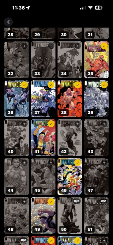 Issue grid showing owned issues in color and missing ones in grayscale